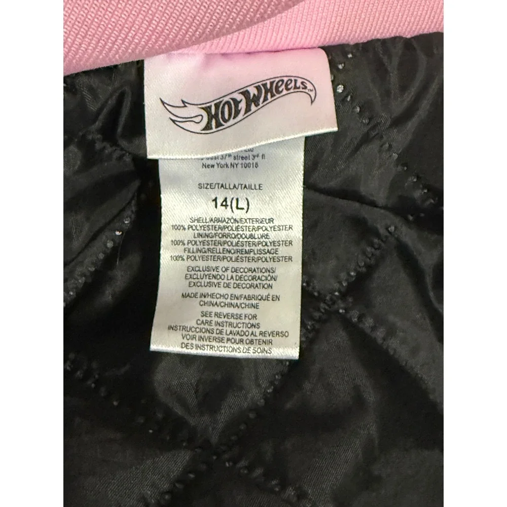 Hot Wheels Varsity Bomber Jacket Kids Size 14‎ L Black Pink Racing Team Graphic